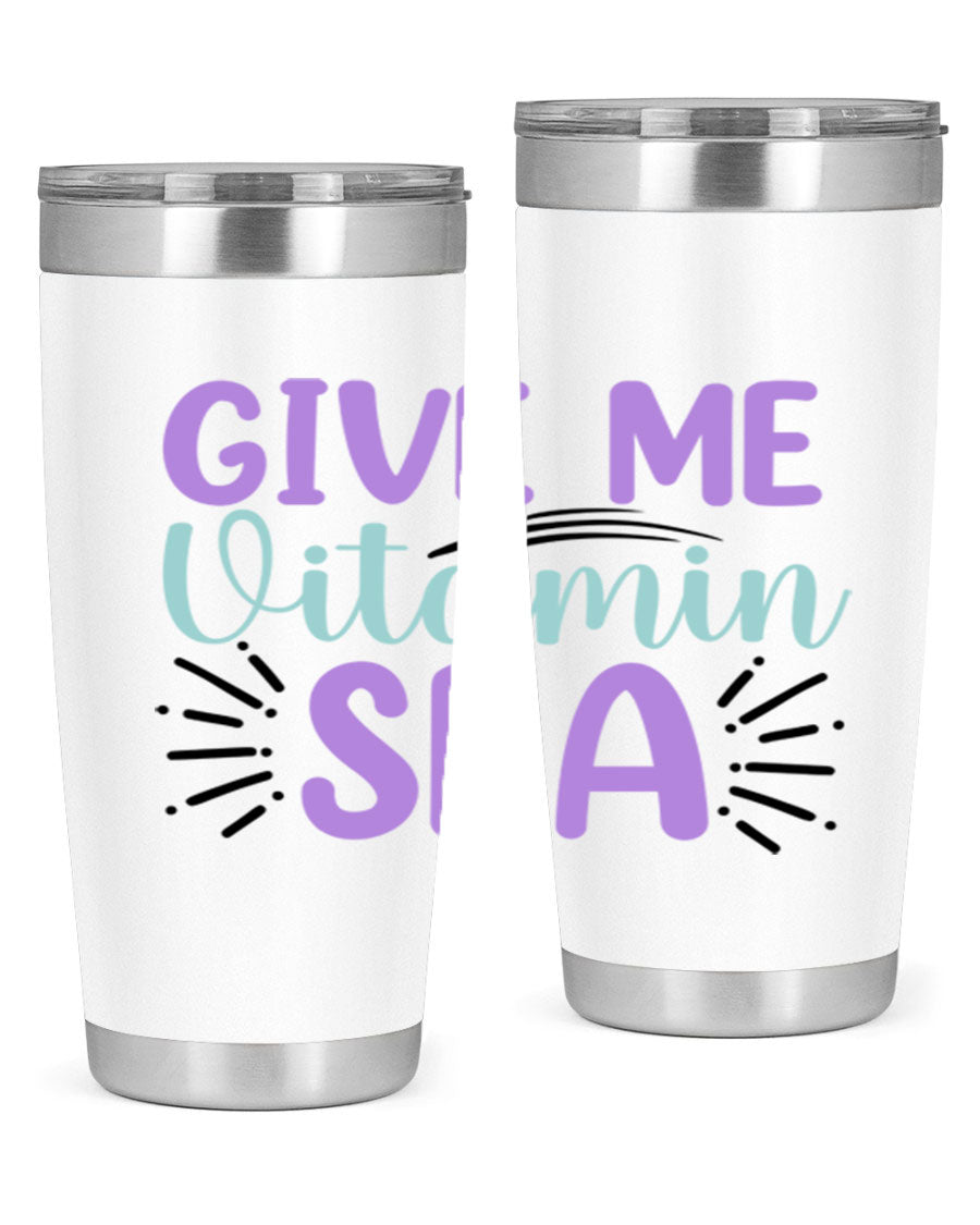 Give Me Vitamin Sea 20oz tumbler featuring a vibrant mermaid design, made of double wall vacuum stainless steel with a drink-thru lid.