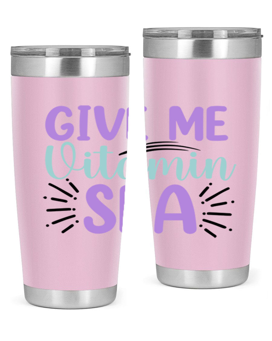 Give Me Vitamin Sea 20oz tumbler featuring a vibrant mermaid design, made of double wall vacuum stainless steel with a drink-thru lid.