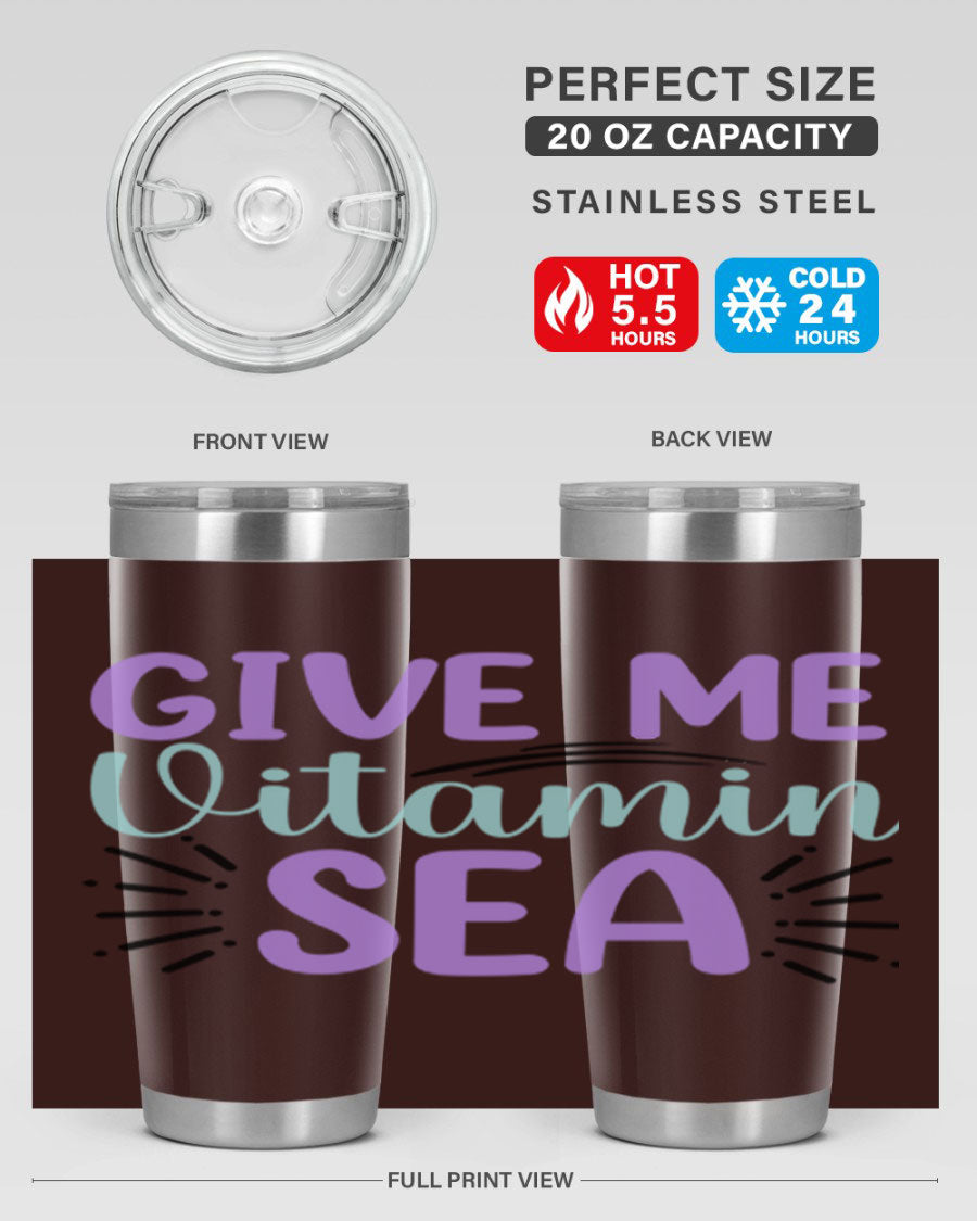 Give Me Vitamin Sea 20oz tumbler featuring a vibrant mermaid design, made of double wall vacuum stainless steel with a drink-thru lid.