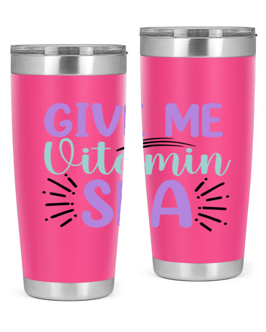 Give Me Vitamin Sea 20oz tumbler featuring a vibrant mermaid design, made of double wall vacuum stainless steel with a drink-thru lid.