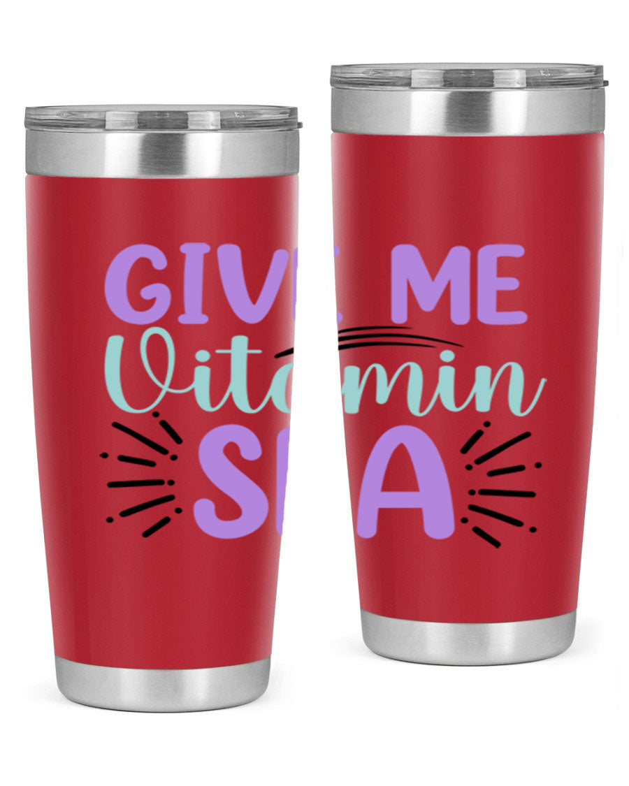 Give Me Vitamin Sea 20oz tumbler featuring a vibrant mermaid design, made of double wall vacuum stainless steel with a drink-thru lid.