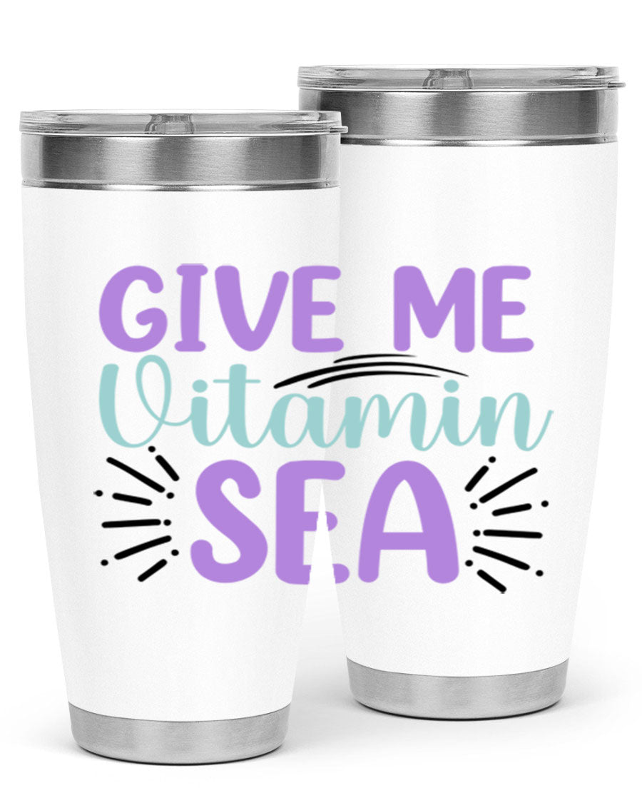 Give Me Vitamin Sea 20oz tumbler featuring a vibrant mermaid design, made of double wall vacuum stainless steel with a drink-thru lid.