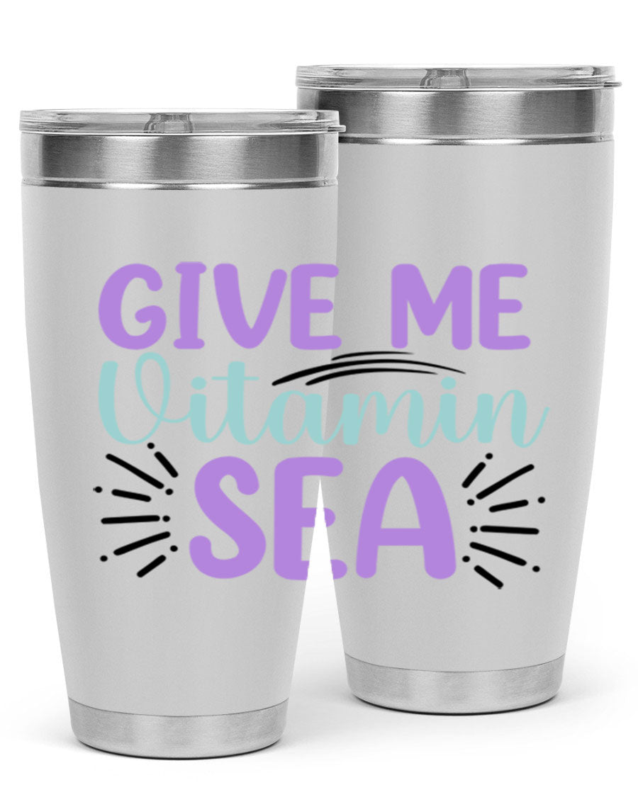 Give Me Vitamin Sea 20oz tumbler featuring a vibrant mermaid design, made of double wall vacuum stainless steel with a drink-thru lid.