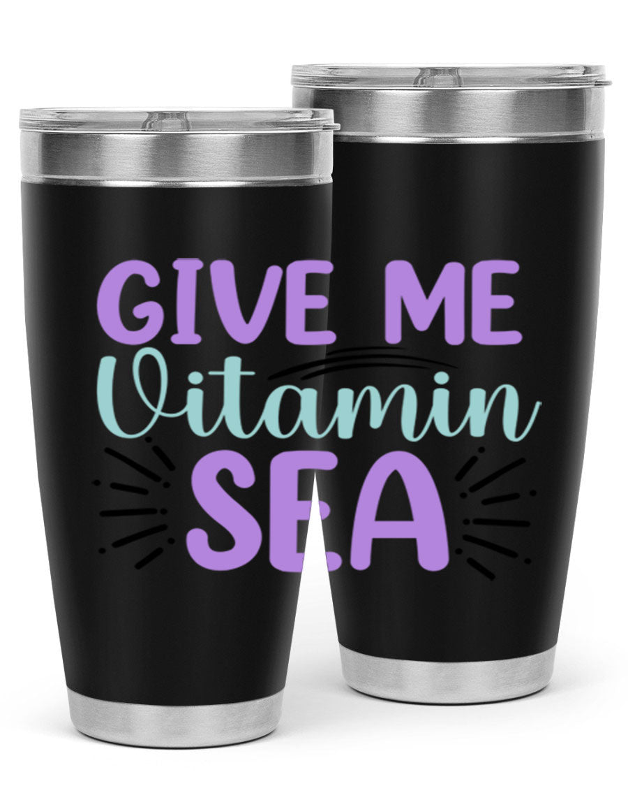 Give Me Vitamin Sea 20oz tumbler featuring a vibrant mermaid design, made of double wall vacuum stainless steel with a drink-thru lid.