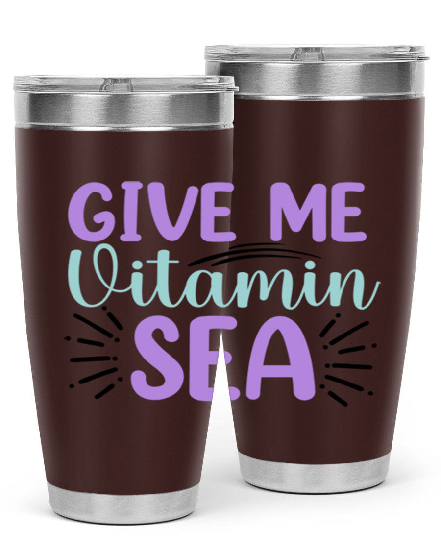 Give Me Vitamin Sea 20oz tumbler featuring a vibrant mermaid design, made of double wall vacuum stainless steel with a drink-thru lid.
