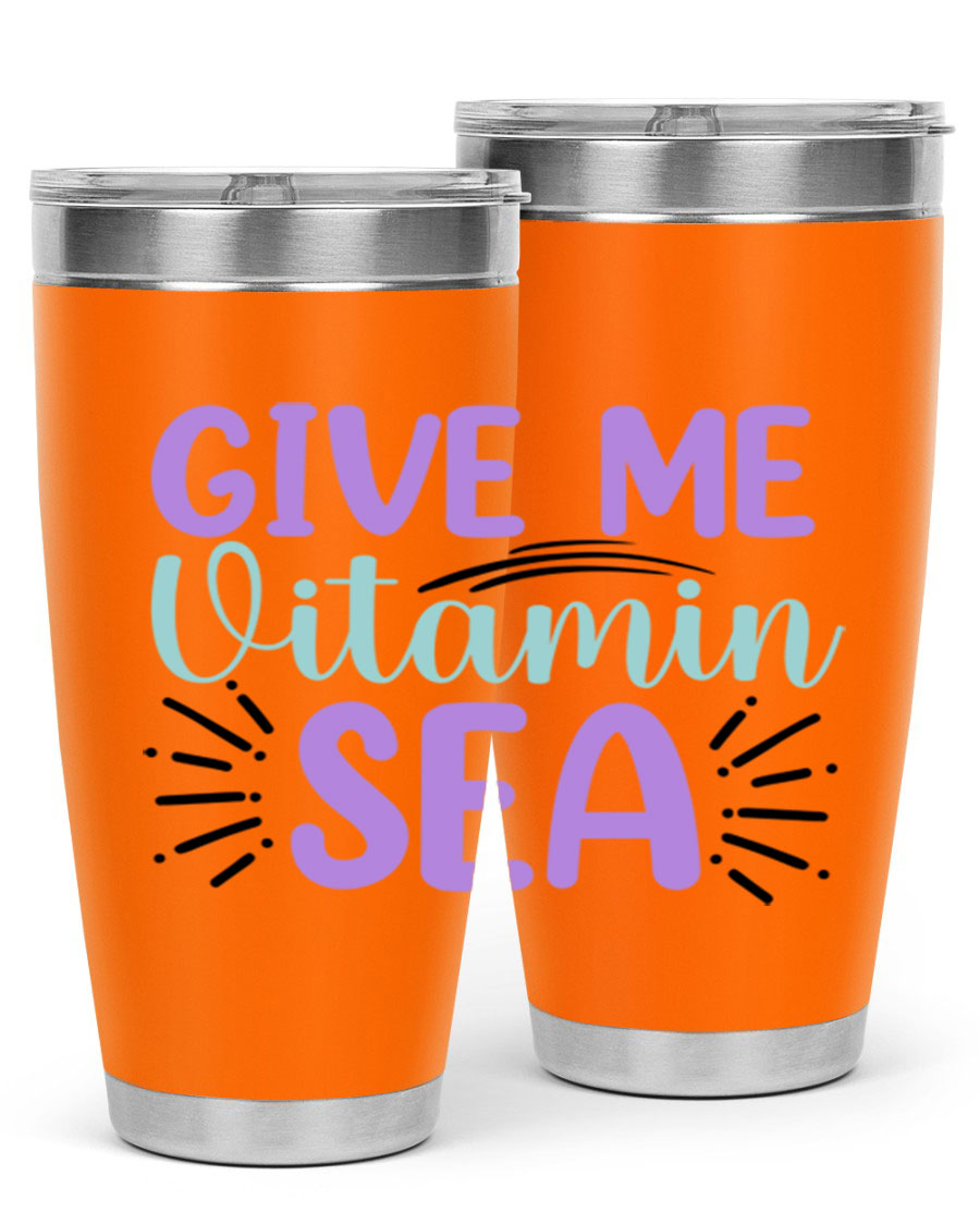 Give Me Vitamin Sea 20oz tumbler featuring a vibrant mermaid design, made of double wall vacuum stainless steel with a drink-thru lid.