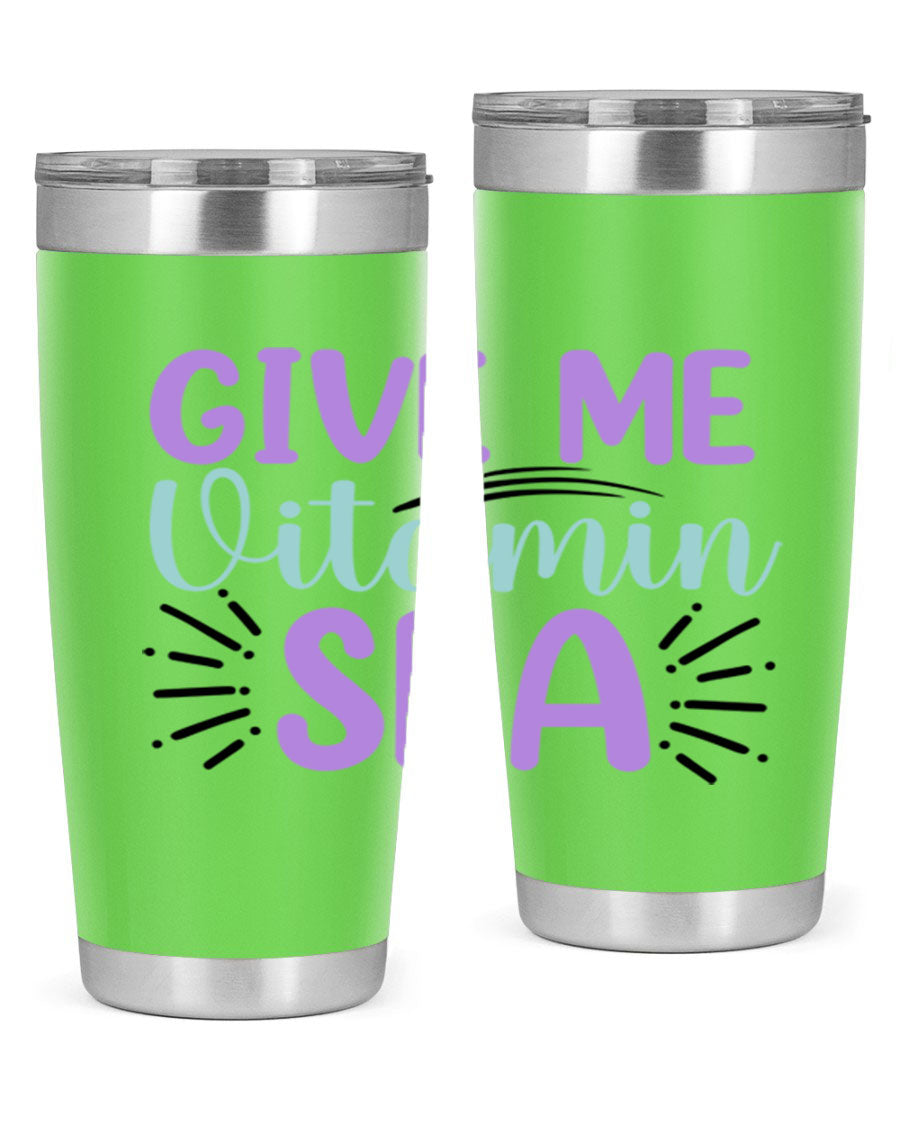 Give Me Vitamin Sea 20oz tumbler featuring a vibrant mermaid design, made of double wall vacuum stainless steel with a drink-thru lid.