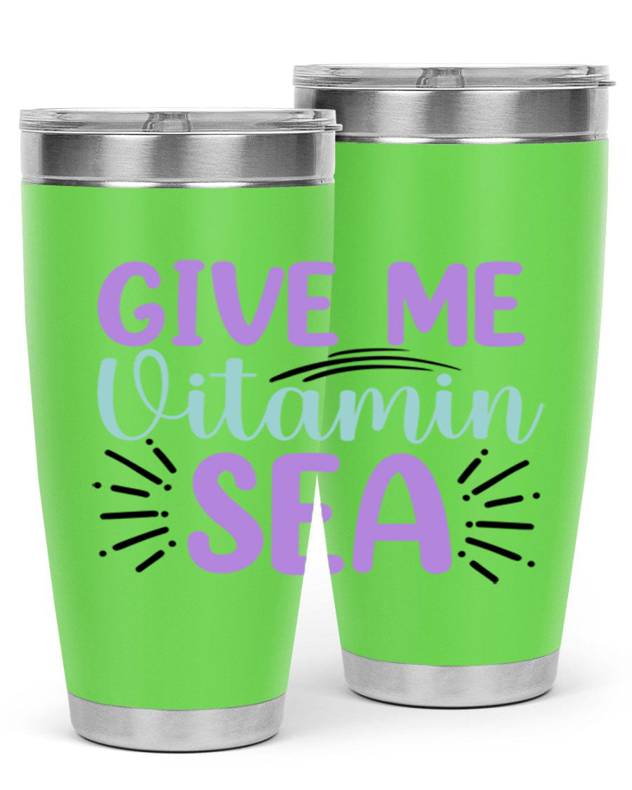 Give Me Vitamin Sea 20oz tumbler featuring a vibrant mermaid design, made of double wall vacuum stainless steel with a drink-thru lid.