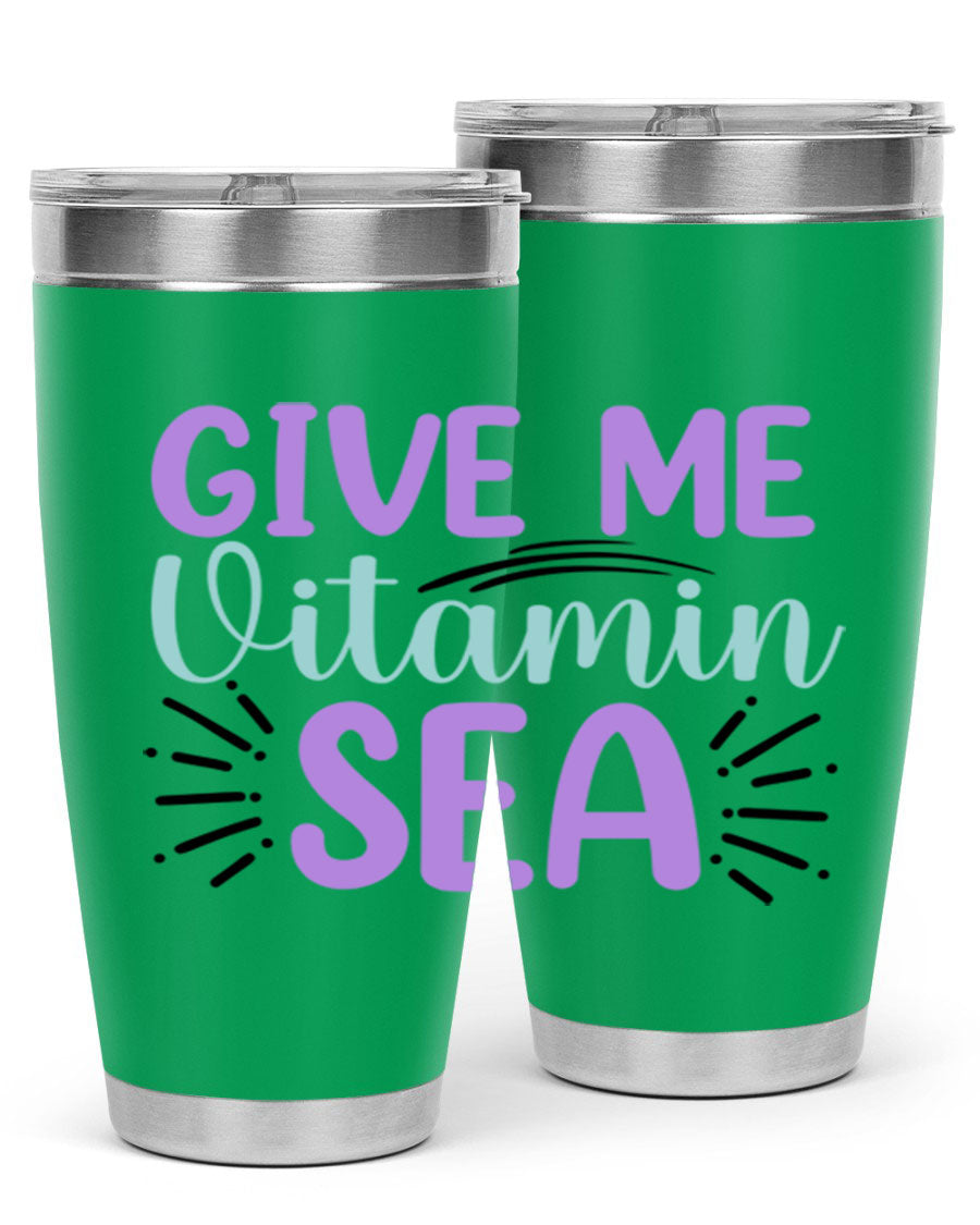 Give Me Vitamin Sea 20oz tumbler featuring a vibrant mermaid design, made of double wall vacuum stainless steel with a drink-thru lid.