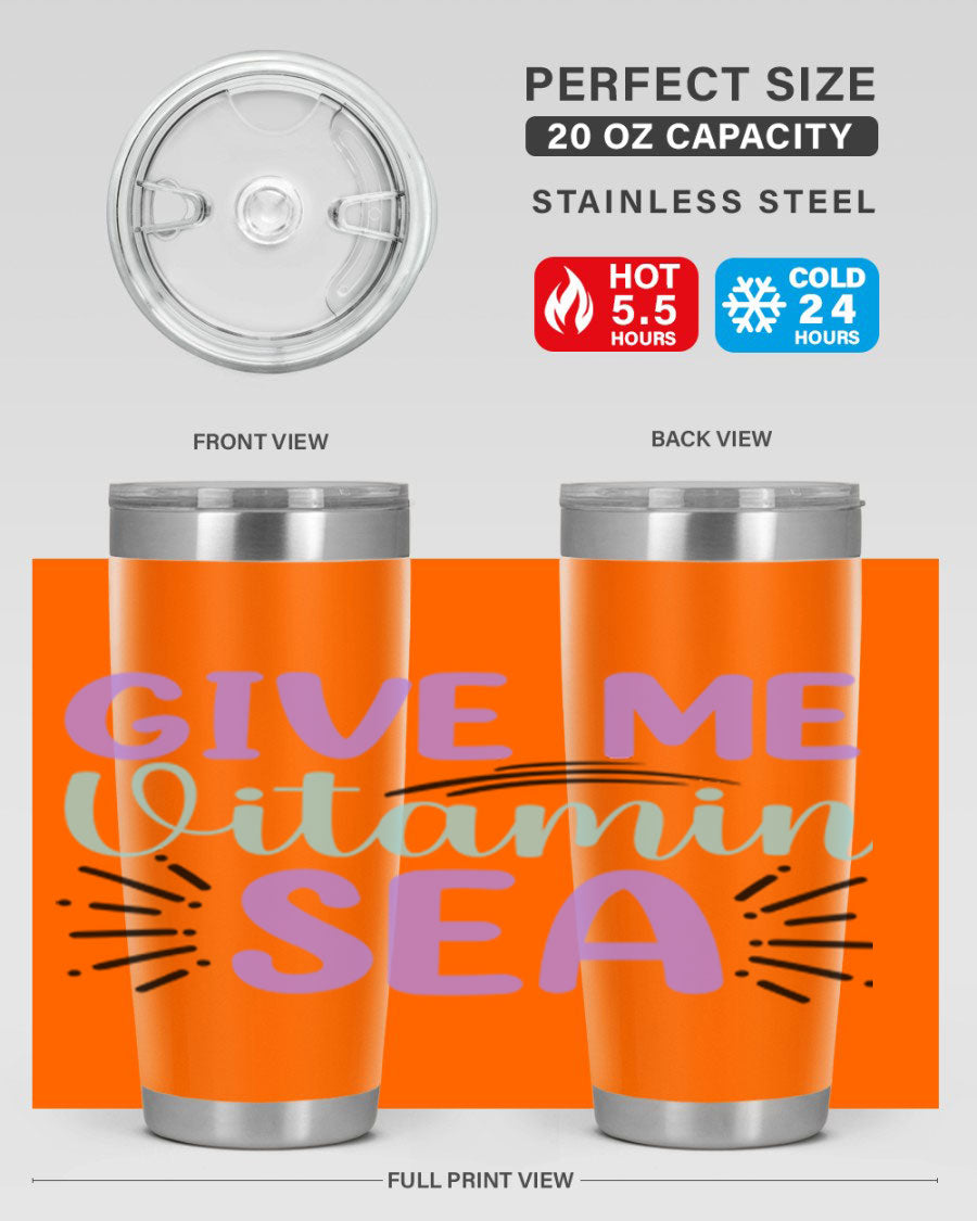 Give Me Vitamin Sea 20oz tumbler featuring a vibrant mermaid design, made of double wall vacuum stainless steel with a drink-thru lid.