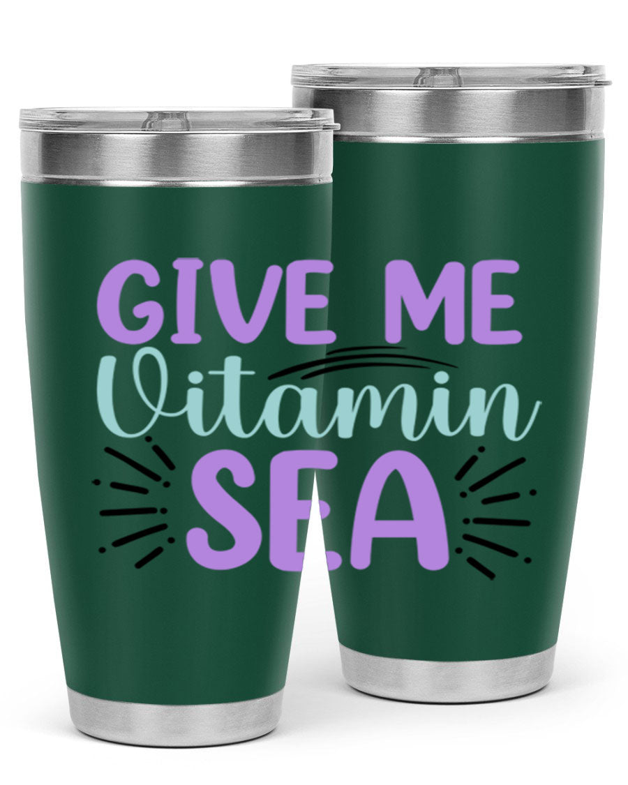 Give Me Vitamin Sea 20oz tumbler featuring a vibrant mermaid design, made of double wall vacuum stainless steel with a drink-thru lid.