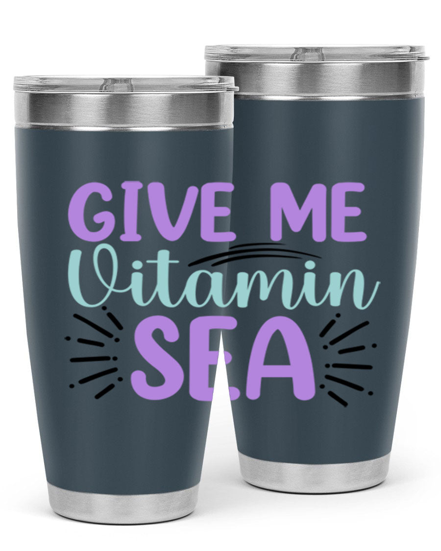 Give Me Vitamin Sea 20oz tumbler featuring a vibrant mermaid design, made of double wall vacuum stainless steel with a drink-thru lid.