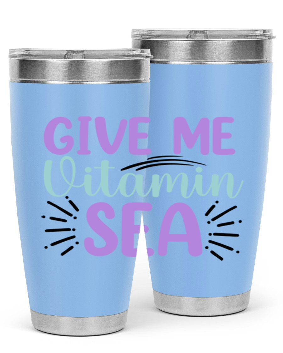 Give Me Vitamin Sea 20oz tumbler featuring a vibrant mermaid design, made of double wall vacuum stainless steel with a drink-thru lid.