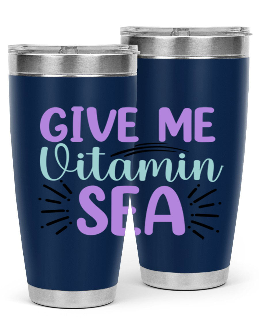 Give Me Vitamin Sea 20oz tumbler featuring a vibrant mermaid design, made of double wall vacuum stainless steel with a drink-thru lid.