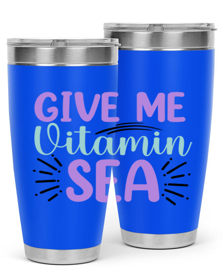 Give Me Vitamin Sea 20oz tumbler featuring a vibrant mermaid design, made of double wall vacuum stainless steel with a drink-thru lid.