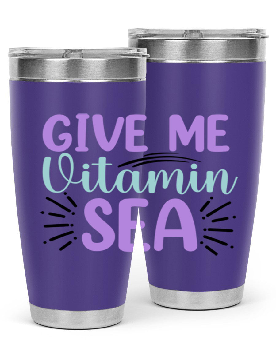 Give Me Vitamin Sea 20oz tumbler featuring a vibrant mermaid design, made of double wall vacuum stainless steel with a drink-thru lid.