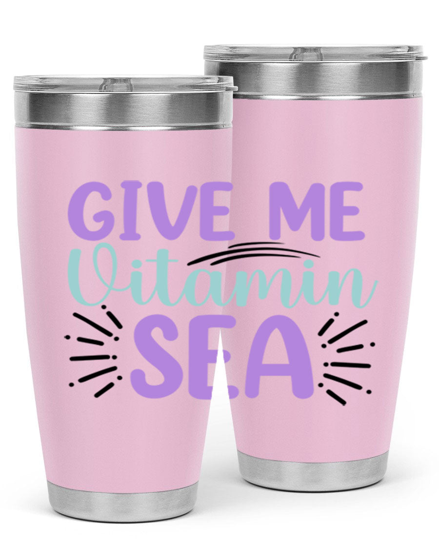 Give Me Vitamin Sea 20oz tumbler featuring a vibrant mermaid design, made of double wall vacuum stainless steel with a drink-thru lid.
