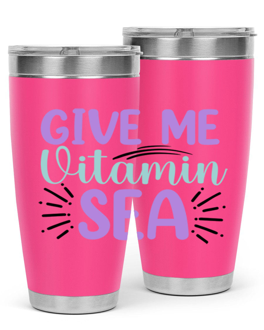 Give Me Vitamin Sea 20oz tumbler featuring a vibrant mermaid design, made of double wall vacuum stainless steel with a drink-thru lid.