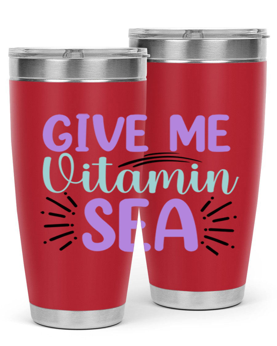 Give Me Vitamin Sea 20oz tumbler featuring a vibrant mermaid design, made of double wall vacuum stainless steel with a drink-thru lid.