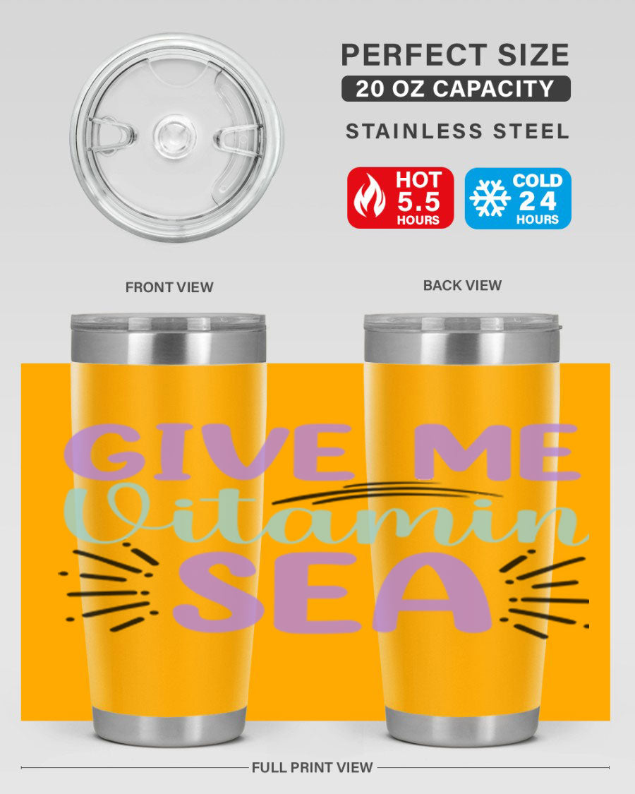 Give Me Vitamin Sea 20oz tumbler featuring a vibrant mermaid design, made of double wall vacuum stainless steel with a drink-thru lid.