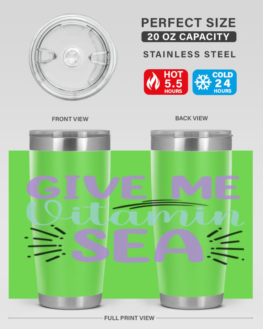Give Me Vitamin Sea 20oz tumbler featuring a vibrant mermaid design, made of double wall vacuum stainless steel with a drink-thru lid.