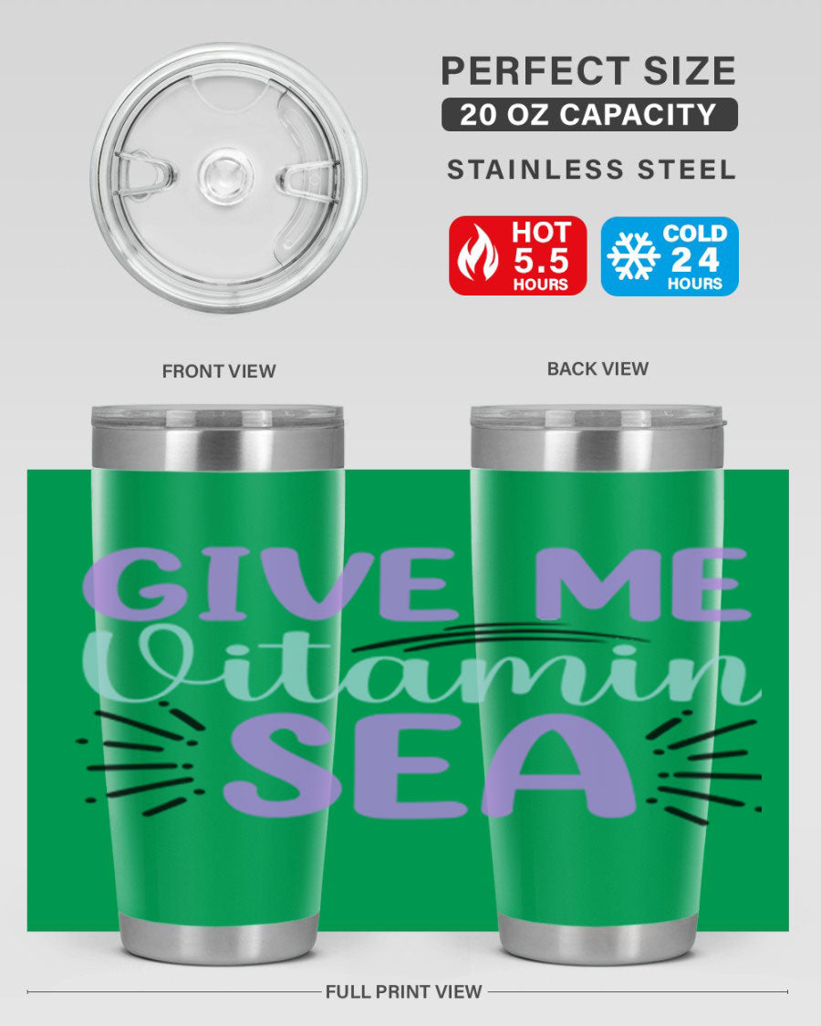 Give Me Vitamin Sea 20oz tumbler featuring a vibrant mermaid design, made of double wall vacuum stainless steel with a drink-thru lid.