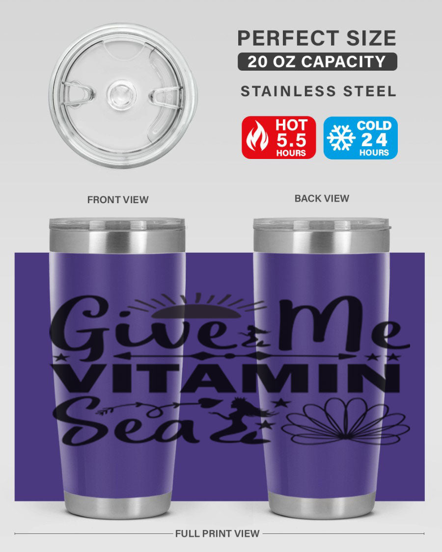 Give Me Vitamin Sea 20oz tumbler featuring a mermaid design, made of stainless steel with a copper lining.
