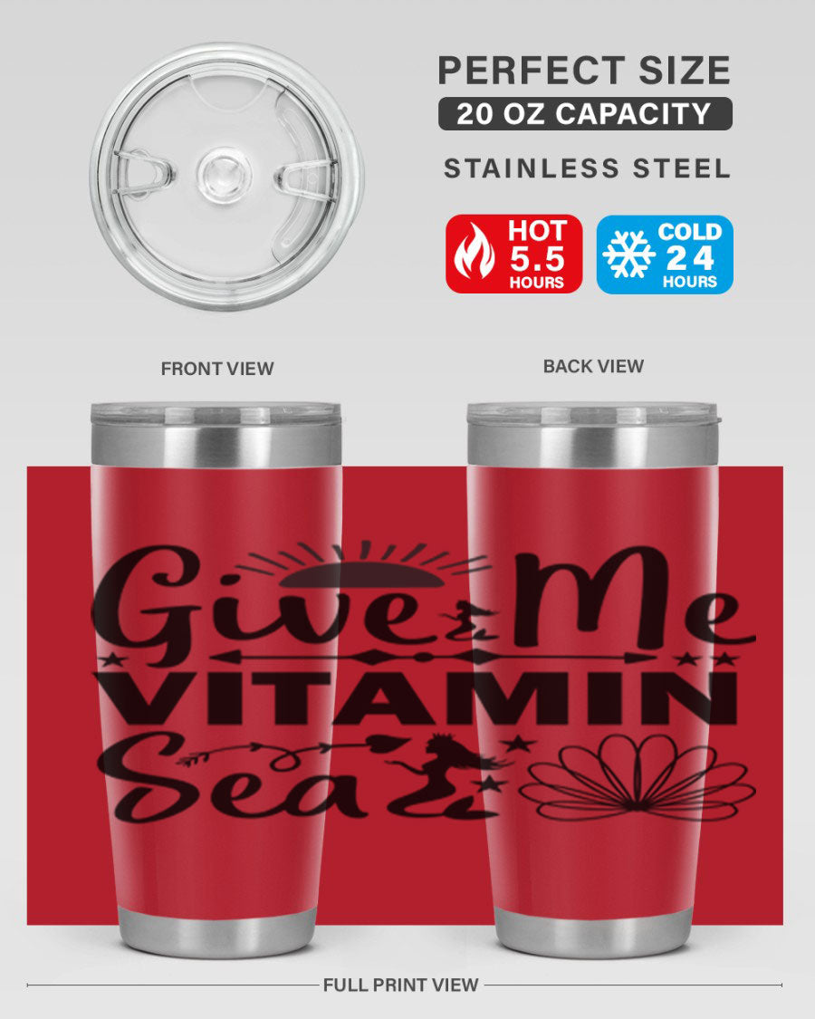 Give Me Vitamin Sea 20oz tumbler featuring a mermaid design, made of stainless steel with a copper lining.