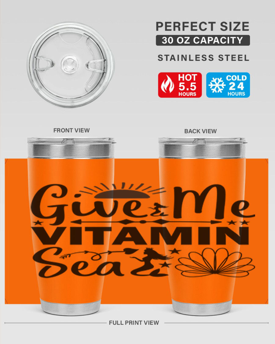 Give Me Vitamin Sea 20oz tumbler featuring a mermaid design, made of stainless steel with a copper lining.