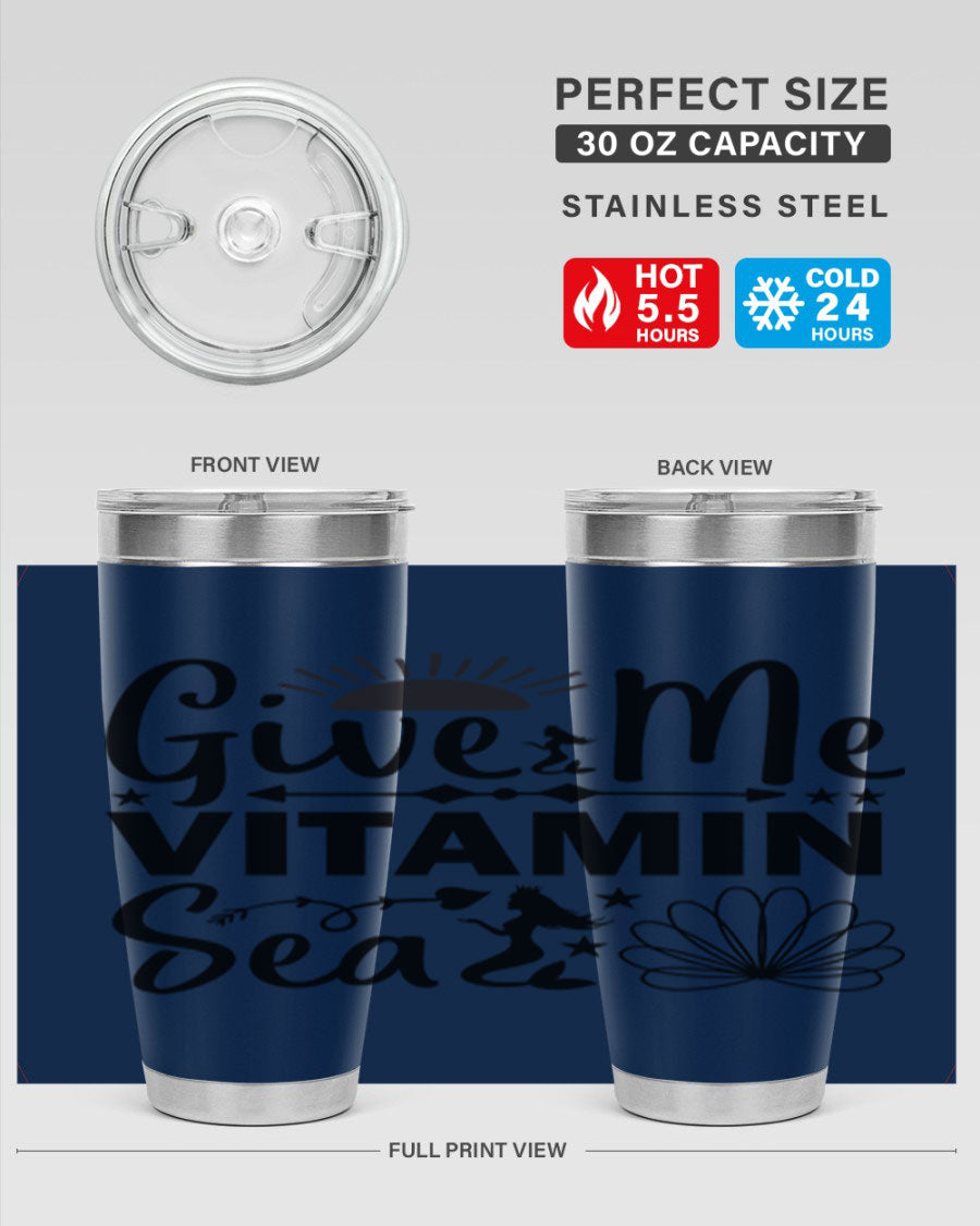 Give Me Vitamin Sea 20oz tumbler featuring a mermaid design, made of stainless steel with a copper lining.
