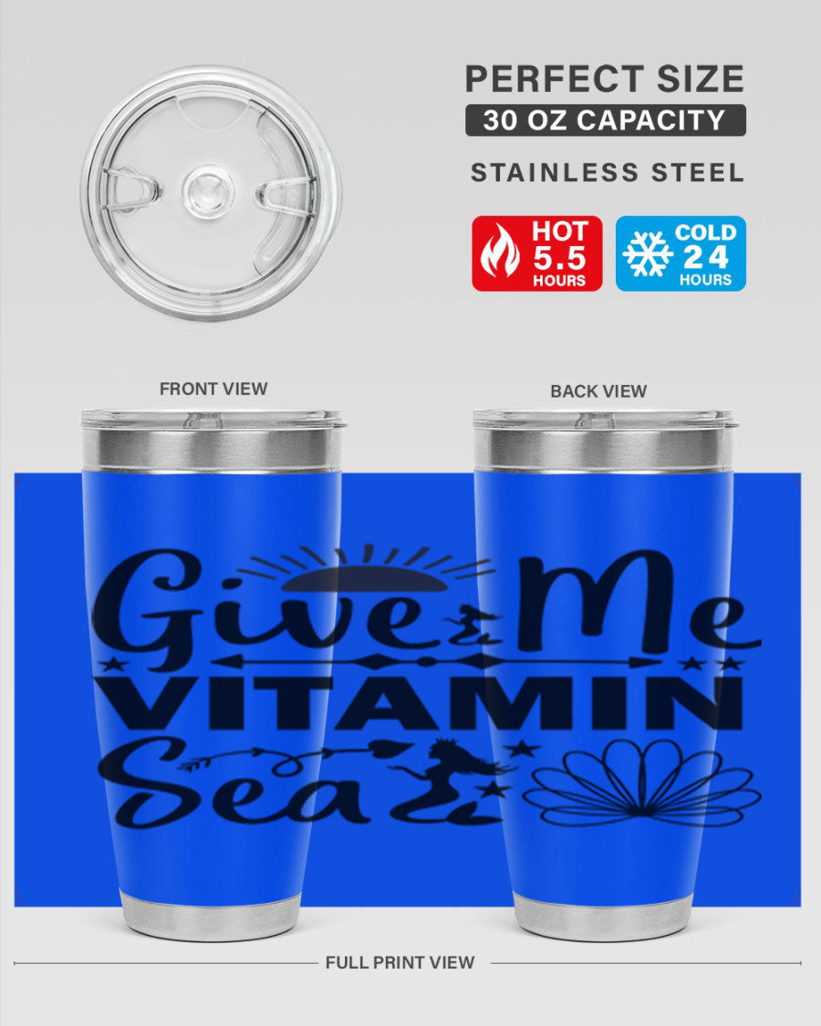 Give Me Vitamin Sea 20oz tumbler featuring a mermaid design, made of stainless steel with a copper lining.