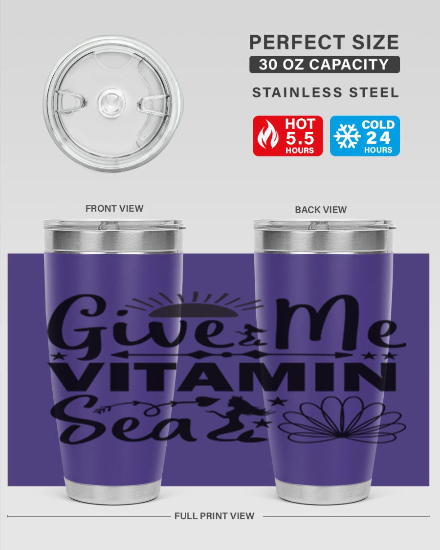 Give Me Vitamin Sea 20oz tumbler featuring a mermaid design, made of stainless steel with a copper lining.