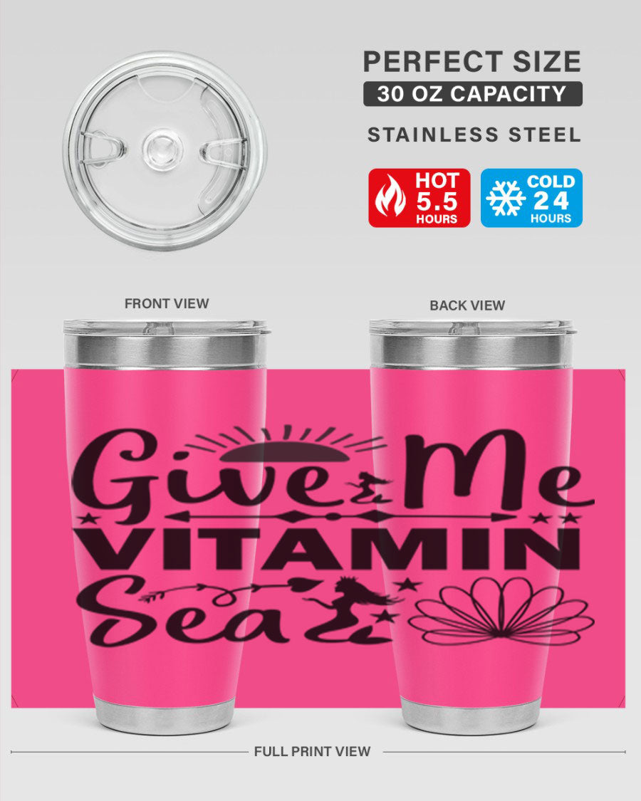 Give Me Vitamin Sea 20oz tumbler featuring a mermaid design, made of stainless steel with a copper lining.