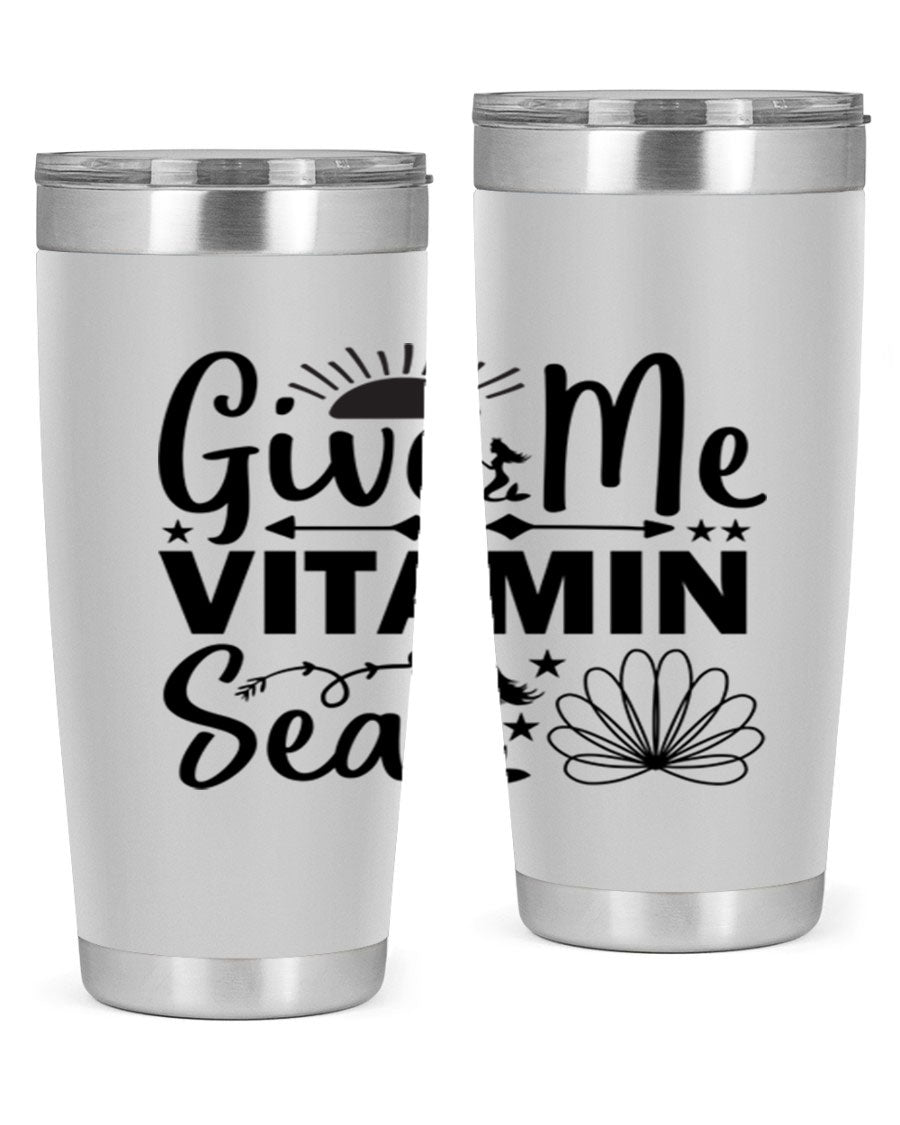 Give Me Vitamin Sea 20oz tumbler featuring a mermaid design, made of stainless steel with a copper lining.