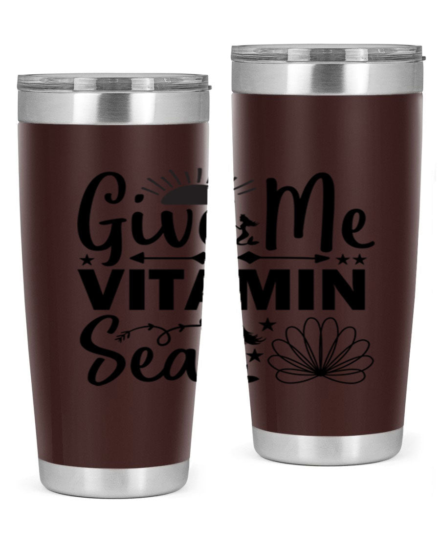 Give Me Vitamin Sea 20oz tumbler featuring a mermaid design, made of stainless steel with a copper lining.
