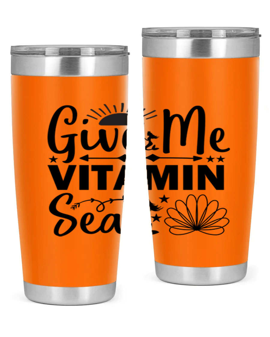 Give Me Vitamin Sea 20oz tumbler featuring a mermaid design, made of stainless steel with a copper lining.