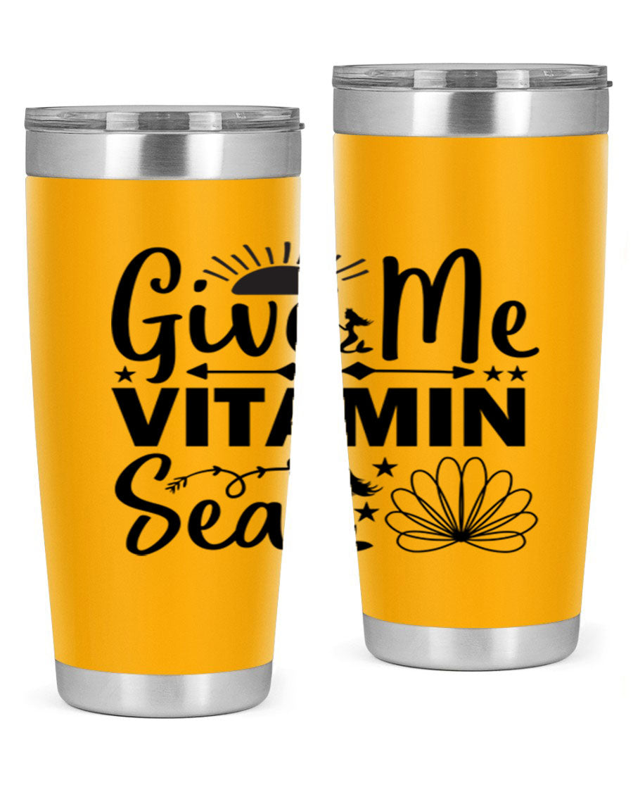 Give Me Vitamin Sea 20oz tumbler featuring a mermaid design, made of stainless steel with a copper lining.