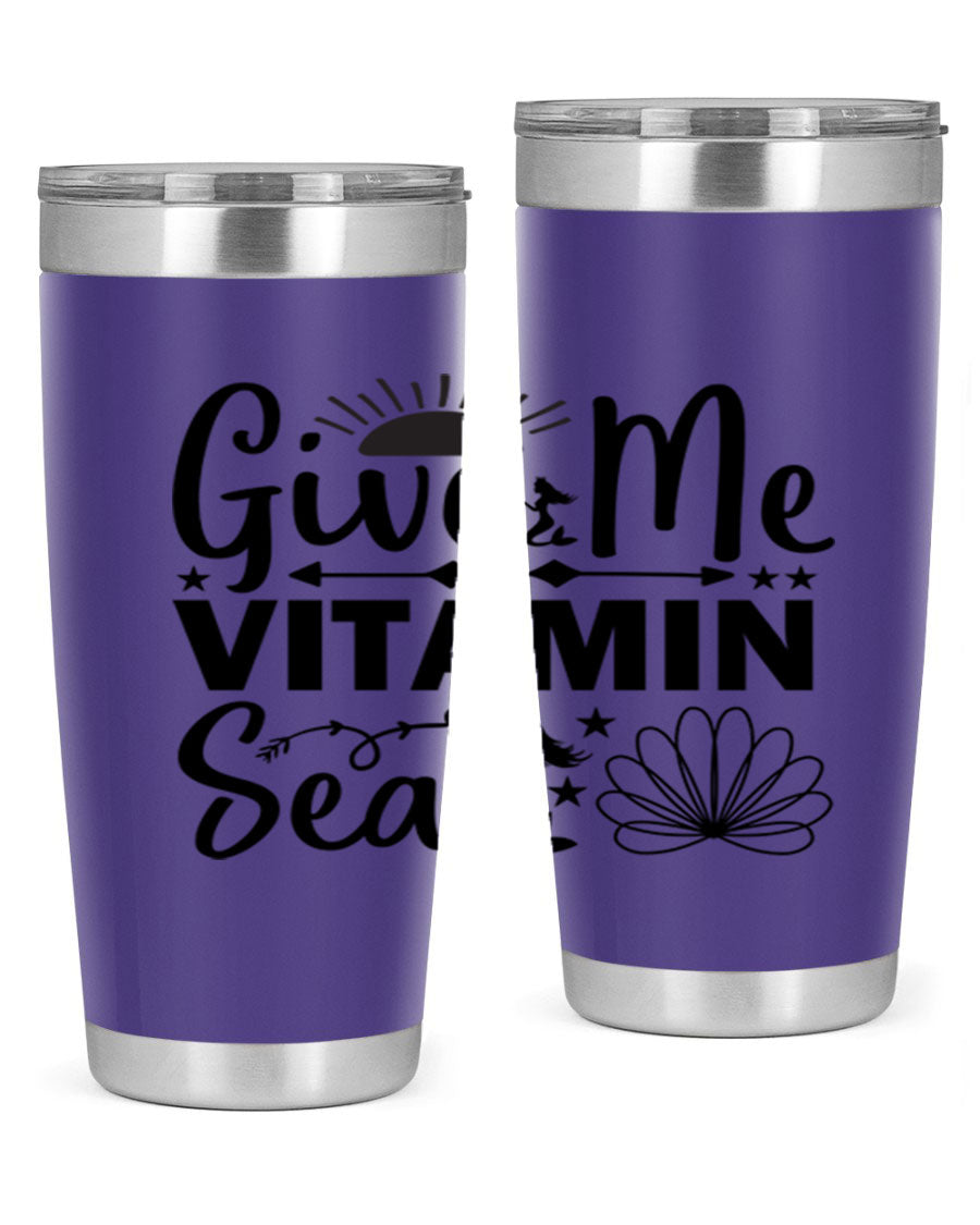 Give Me Vitamin Sea 20oz tumbler featuring a mermaid design, made of stainless steel with a copper lining.