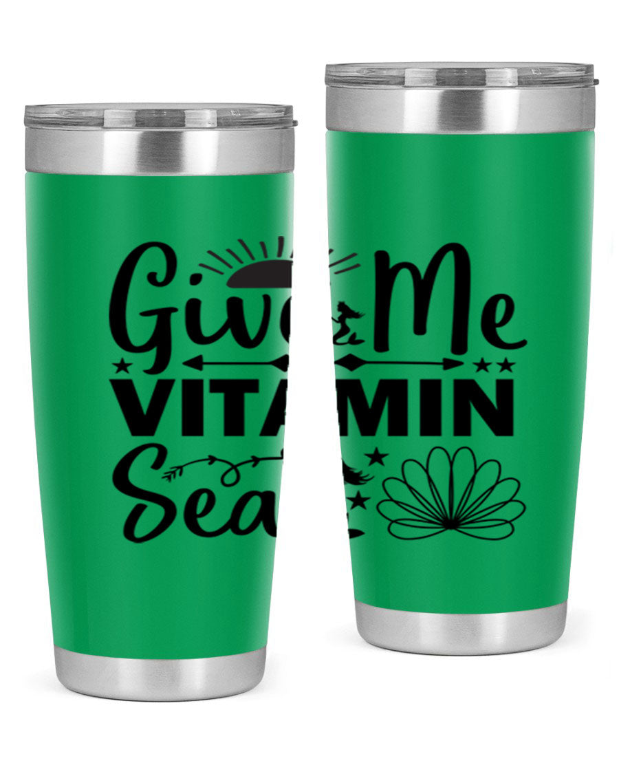 Give Me Vitamin Sea 20oz tumbler featuring a mermaid design, made of stainless steel with a copper lining.