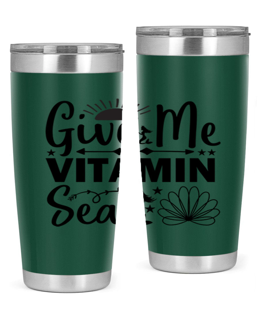Give Me Vitamin Sea 20oz tumbler featuring a mermaid design, made of stainless steel with a copper lining.