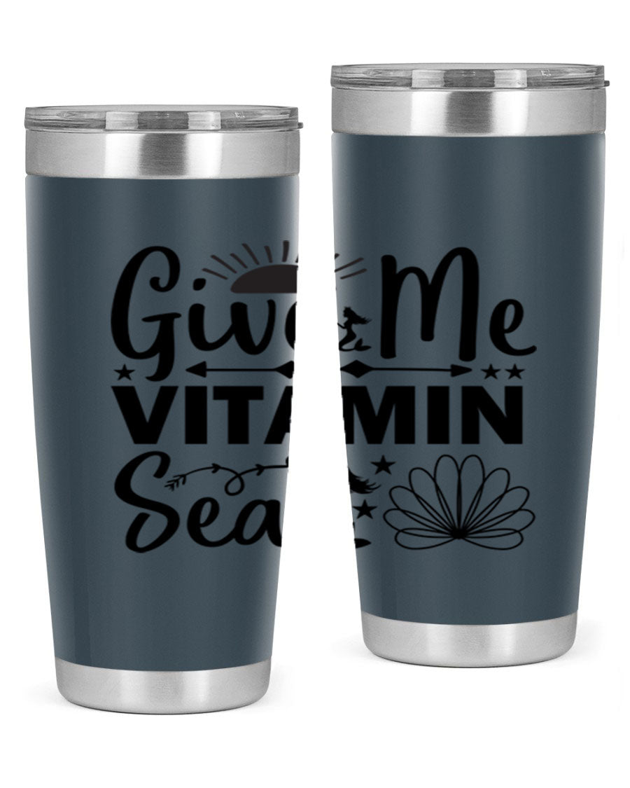 Give Me Vitamin Sea 20oz tumbler featuring a mermaid design, made of stainless steel with a copper lining.