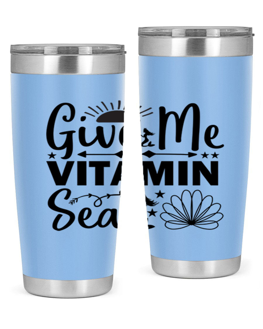 Give Me Vitamin Sea 20oz tumbler featuring a mermaid design, made of stainless steel with a copper lining.