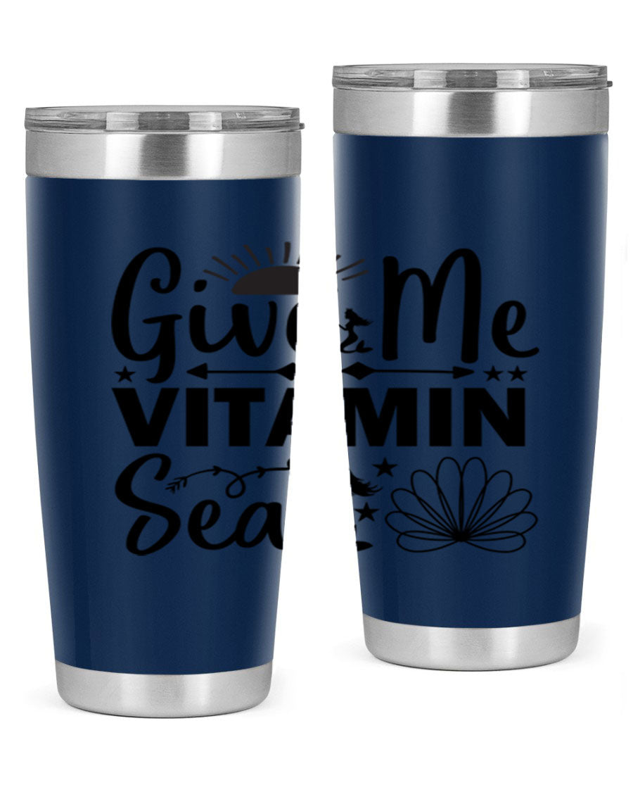 Give Me Vitamin Sea 20oz tumbler featuring a mermaid design, made of stainless steel with a copper lining.