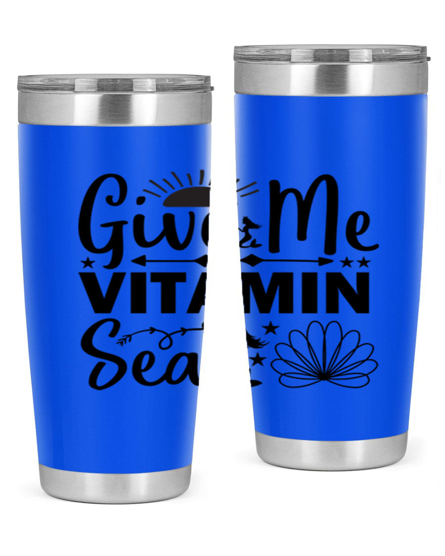 Give Me Vitamin Sea 20oz tumbler featuring a mermaid design, made of stainless steel with a copper lining.