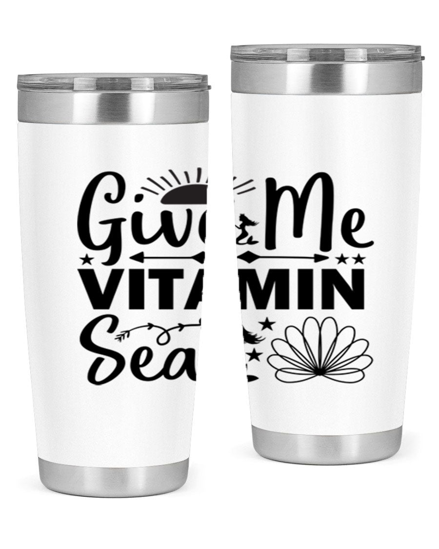 Give Me Vitamin Sea 20oz tumbler featuring a mermaid design, made of stainless steel with a copper lining.