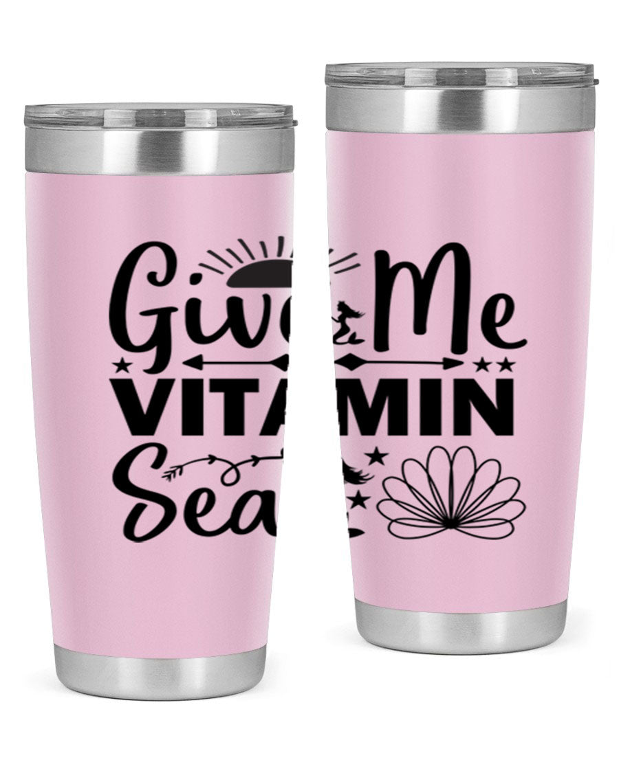 Give Me Vitamin Sea 20oz tumbler featuring a mermaid design, made of stainless steel with a copper lining.