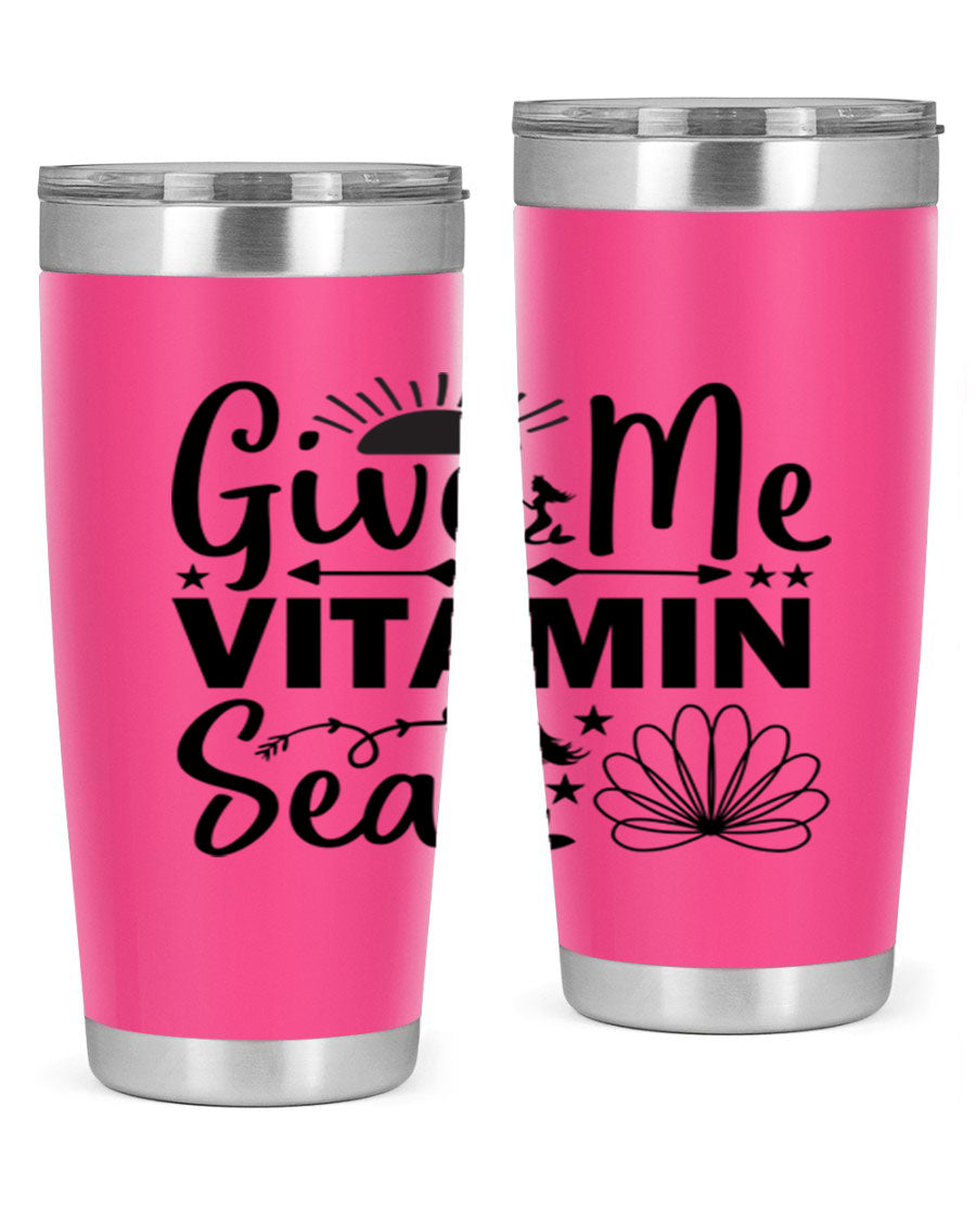 Give Me Vitamin Sea 20oz tumbler featuring a mermaid design, made of stainless steel with a copper lining.