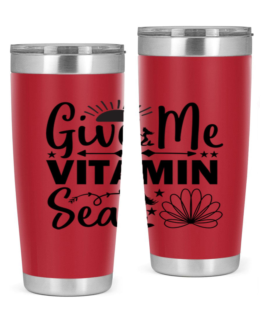 Give Me Vitamin Sea 20oz tumbler featuring a mermaid design, made of stainless steel with a copper lining.