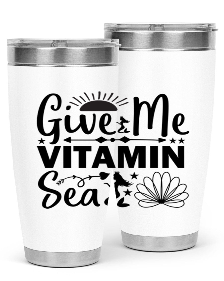 Give Me Vitamin Sea 20oz tumbler featuring a mermaid design, made of stainless steel with a copper lining.