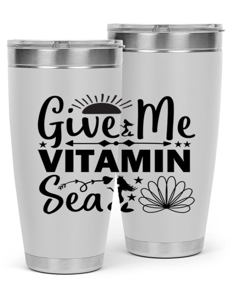 Give Me Vitamin Sea 20oz tumbler featuring a mermaid design, made of stainless steel with a copper lining.